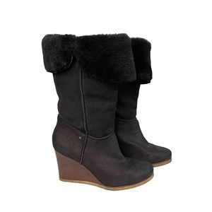 UGG Women's Black Aprelle Dyed Shearling Zip Cuffed Down Wedge Boots Size 8